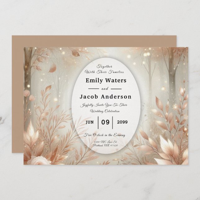 Invitación Boda Forestal Encantado en Palisandro Dorado (Anverso / Reverso)