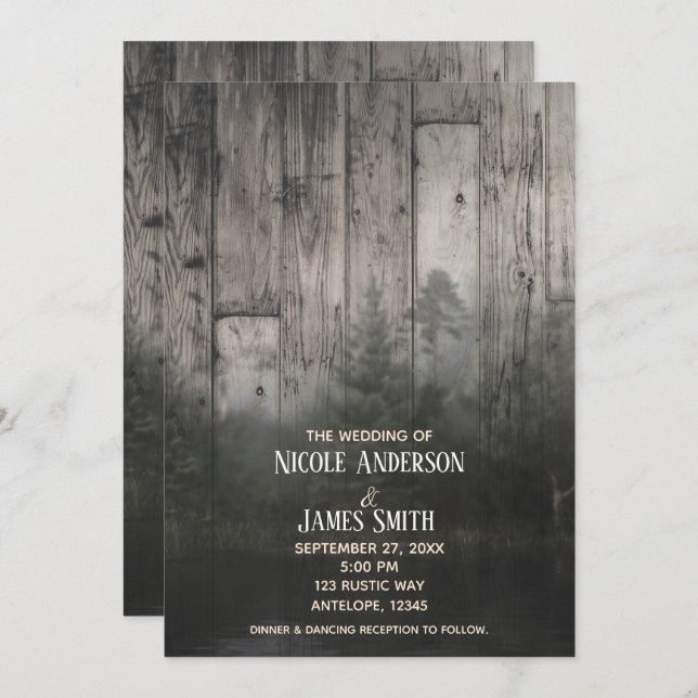 Invitación Boda Forestal y Madera del Lago Pine Trees (Anverso / Reverso)