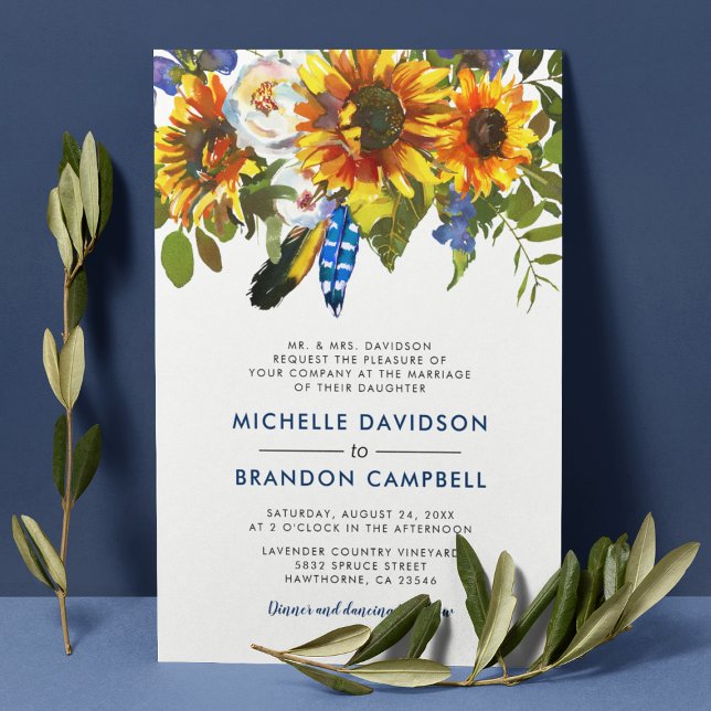 Invitación Boda Formal Acuarela Rústica Girasoles Azules (Subido por el creador)