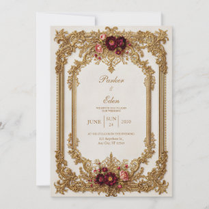 Invitación Boda Formal Antigua Flor de Borgoña Dorada