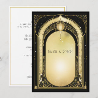 Invitación Boda Formal Art Déco Negro y Dorado