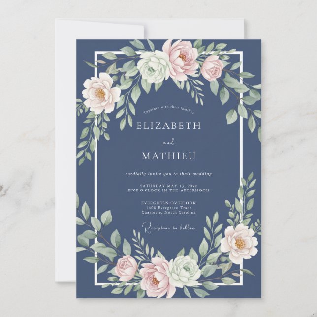 Invitación Boda Formal Atemporal de Azul Marino (Anverso)