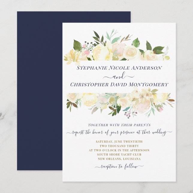 Invitación Boda formal azul de la Marina Floral Blanca (Anverso / Reverso)
