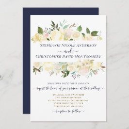 Invitación Boda formal azul de la Marina Floral Blanca