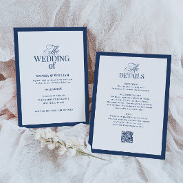 Invitación Boda Formal Azul Marino con Código QR de RSVP