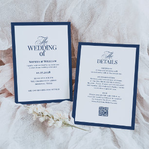 Invitación Boda Formal Azul Marino con Código QR de RSVP