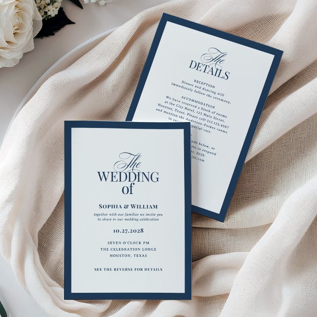 Invitación Boda Formal Azul Marino con Código QR de RSVP (Subido por el creador)