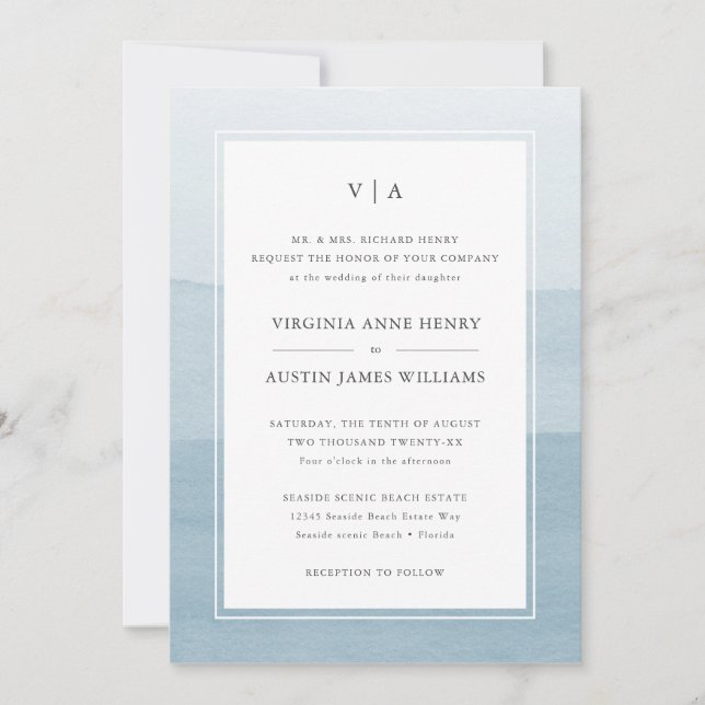 Invitación Boda Formal Azul Moderna (Anverso)