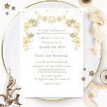Invitación Boda formal celestial con encanto blanco y dorado<br><div class="desc">Deléitese con sus invitados con esta elegante invitación a una boda celestial blanca y dorada, con hermosas guirnaldas botánicas dibujadas a mano y elegantes estrellas en tonos dorados. Texto formal de la invitación con los nombres de los padres. También está disponible el mismo diseño sin nombres de padres. Capacidad para...</div>