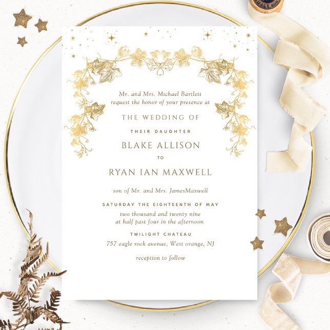 Invitación Boda formal celestial con encanto blanco y dorado (Subido por el creador)