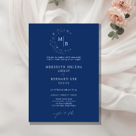 Invitación Boda Formal Celestial Elegante Monograma Azul