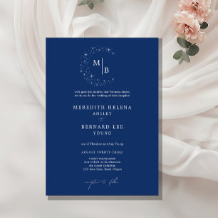Invitación Boda Formal Celestial Elegante Monograma Azul