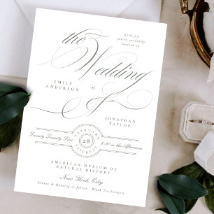 Invitación Boda Formal Clásica Caligrafía Gris Verde