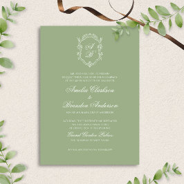 Invitación Boda Formal Clásica con Cresta de Monograma Verde 
