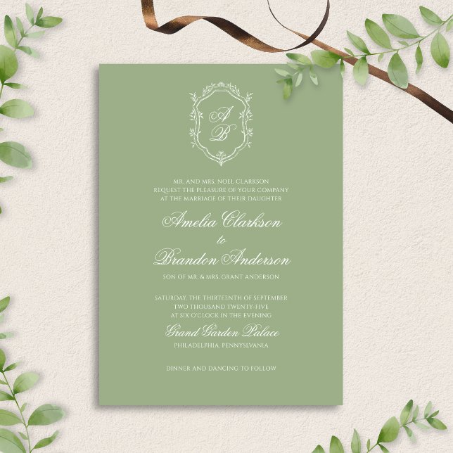Invitación Boda Formal Clásica con Cresta de Monograma Verde  (Subido por el creador)
