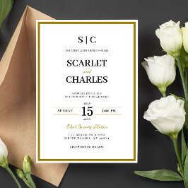 Invitación Boda Formal Clásica de Monograma Negro y Dorado