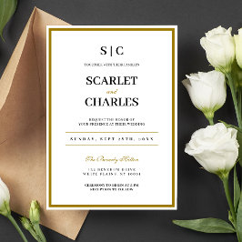 Invitación Boda Formal Clásica de Monograma Negro y Dorado