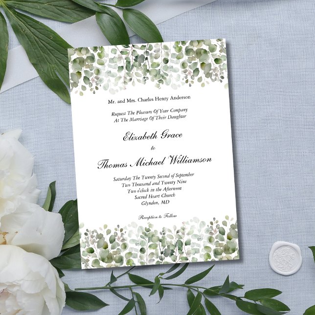 Invitación Boda Formal Clásica Elegante con Verde de Eucalipt (Classic Traditional Formal Eucalyptus Wedding invitation. Printed or Instant digital download.)