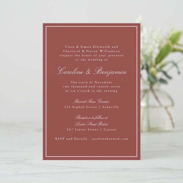 Invitación Boda Formal Clásica Roja Script Elegante (Anverso de pie)