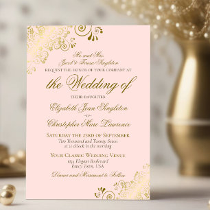 Invitación Boda Formal Clásica Rosa Beige y Dorado Elegante