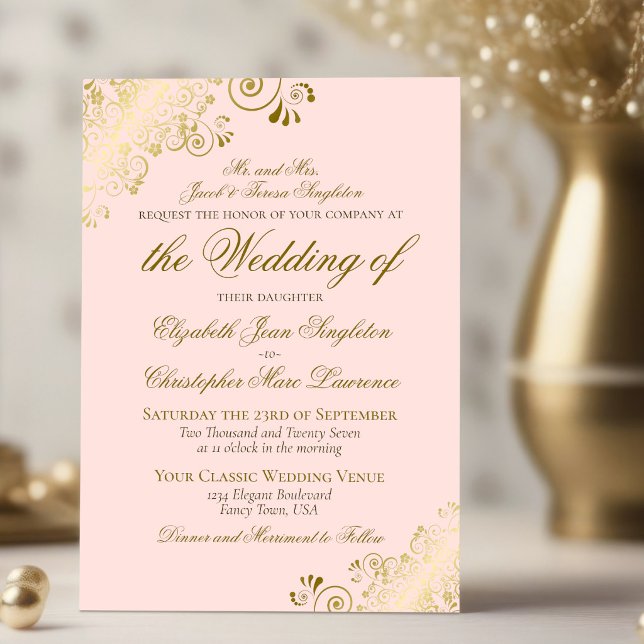 Invitación Boda Formal Clásica Rosa Beige y Dorado Elegante (Subido por el creador)