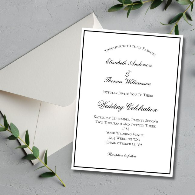 Invitación Boda Formal Clásica Tradicional Blanco Negro (Black White Classic Formal Elegant Wedding invitation with Black border. Digital or Printed.)