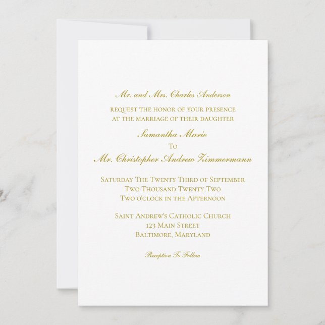 Invitación Boda Formal Clásica Tradicional Elegante de Oro (Anverso)