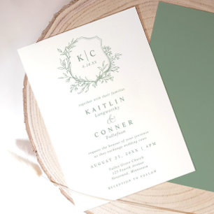 Invitación Boda Formal Clásica Verde Sage Cresta Elegante