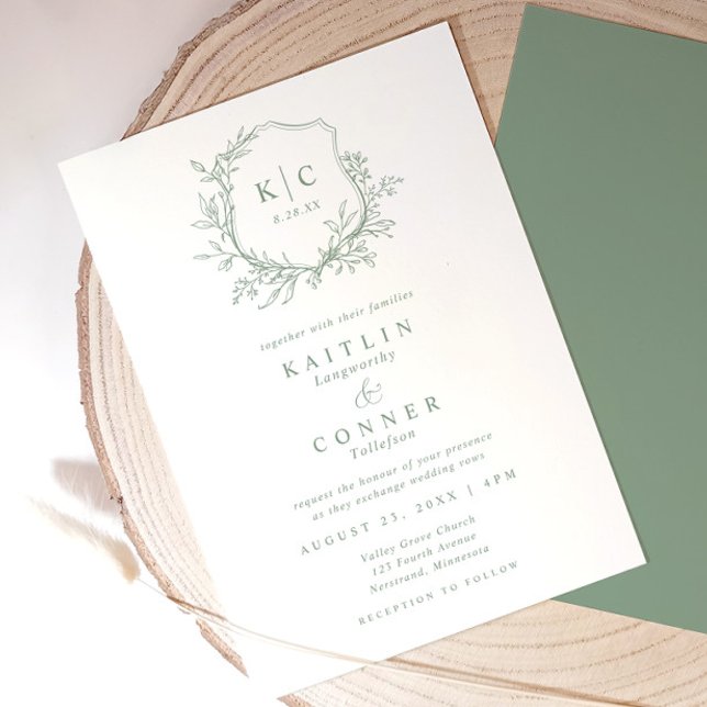 Invitación Boda Formal Clásica Verde Sage Cresta Elegante (Elegant sage green wedding invitation with vintage crest, monogram, and botanical accents)