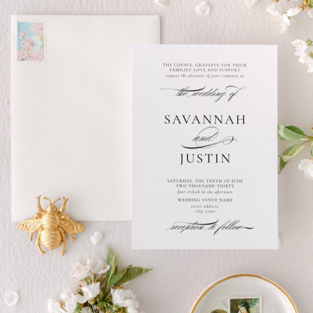 Invitación Boda formal clásico blanco y negro (Designed for weddings where the couple and their parents are hosting the event together)