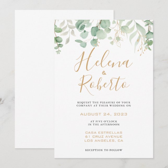 Invitación Boda formal clásico de la hoja de oro Eucalyptus (Anverso / Reverso)