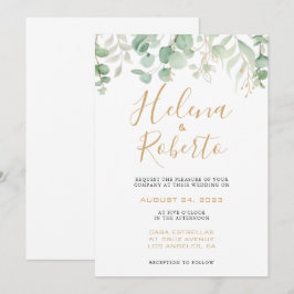 Invitación Boda formal clásico de la hoja de oro Eucalyptus