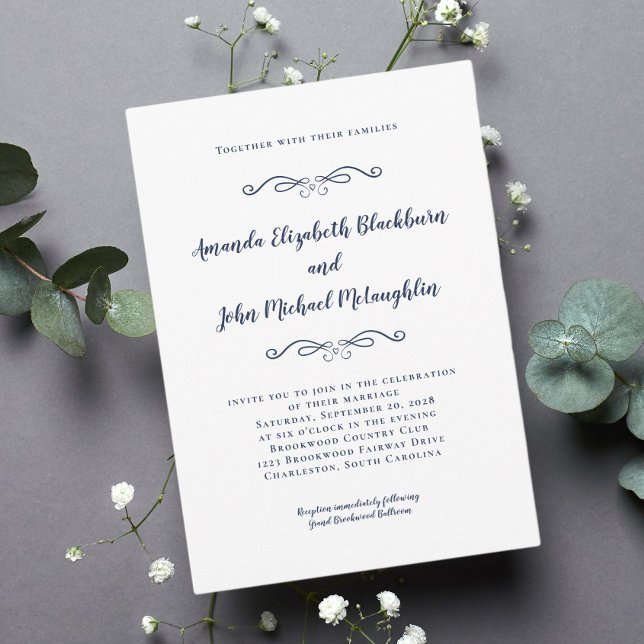 Invitación Boda formal clásico elegante azul blanco inmaduro (Classic Elegant Blue White Timeless Formal Wedding Invitation)