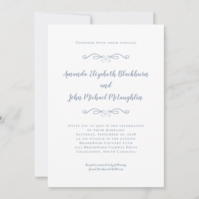 Invitación Boda formal clásico elegante azul turbio y sin tie (Anverso)