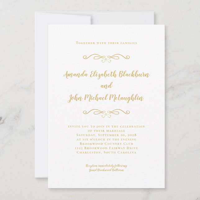 Invitación Boda formal clásico elegante dorado blanco inmadur (Anverso)