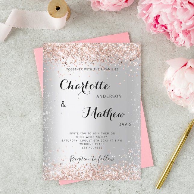Invitación Boda formal con brillo de oro rosa plateado (Subido por el creador)