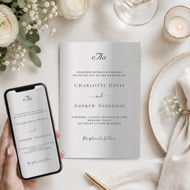 Invitación Boda formal con monograma plateado (Subido por el creador)