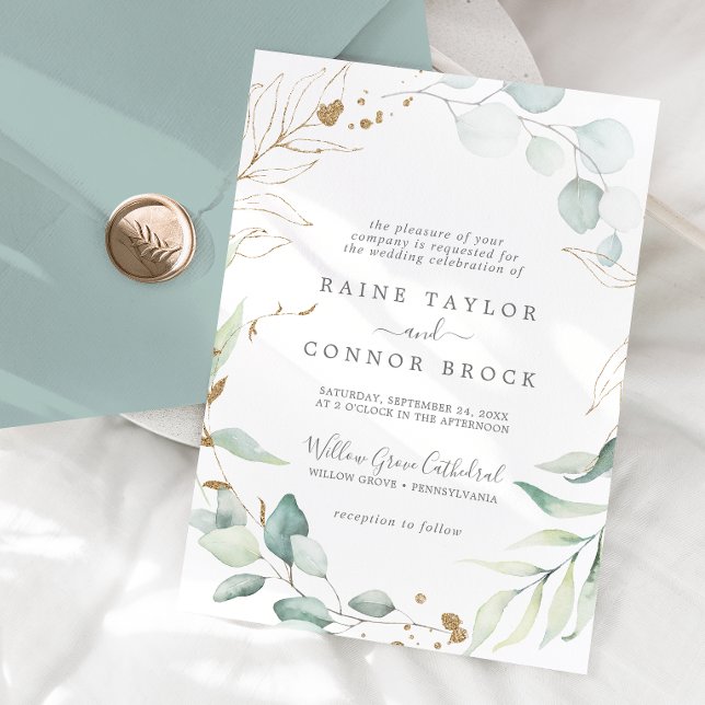 Invitación Boda Formal con Verde Ligero y Hoja de Oro (Airy Greenery and Gold Leaf Formal Wedding Invitation)