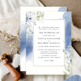 Invitación Boda formal de acuarela floral blanca y azul