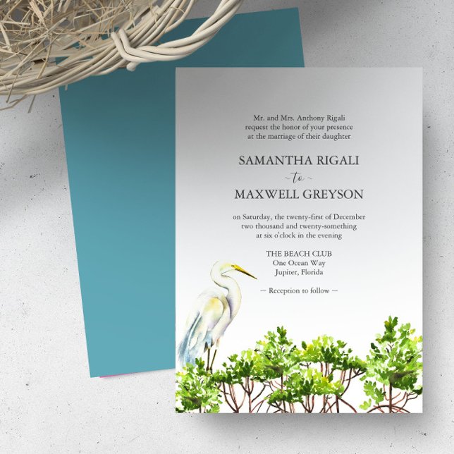 Invitación Boda formal de aves acuáticas tropicales (Destination wedding invitations watercolor great white heron and mangroves art Victoria Grigaliunas)