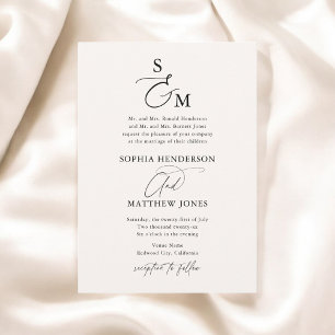 Invitación Boda formal de caligrafía de monograma beige