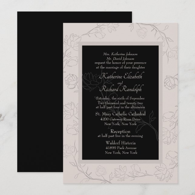 Invitación Boda formal de champán y jazmín negro (Anverso / Reverso)