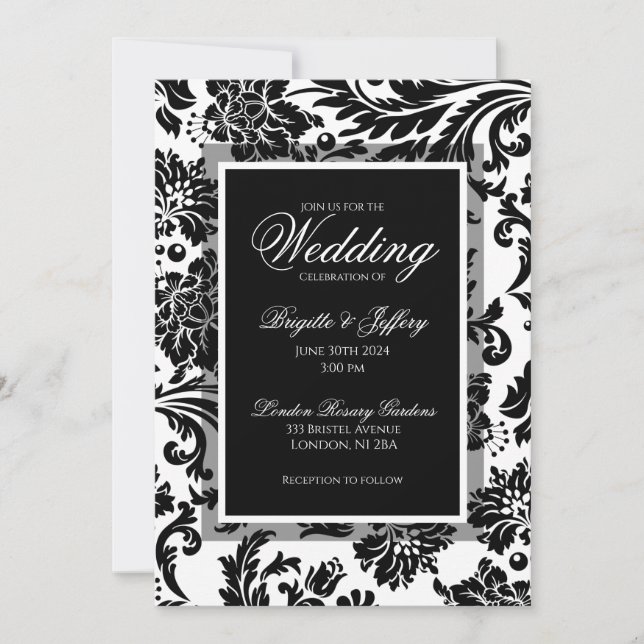 Invitación Boda formal de damasco en blanco y negro hecha a m (Anverso)