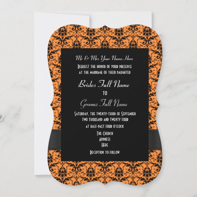 Invitación boda formal de damasco negro y naranja (Anverso)