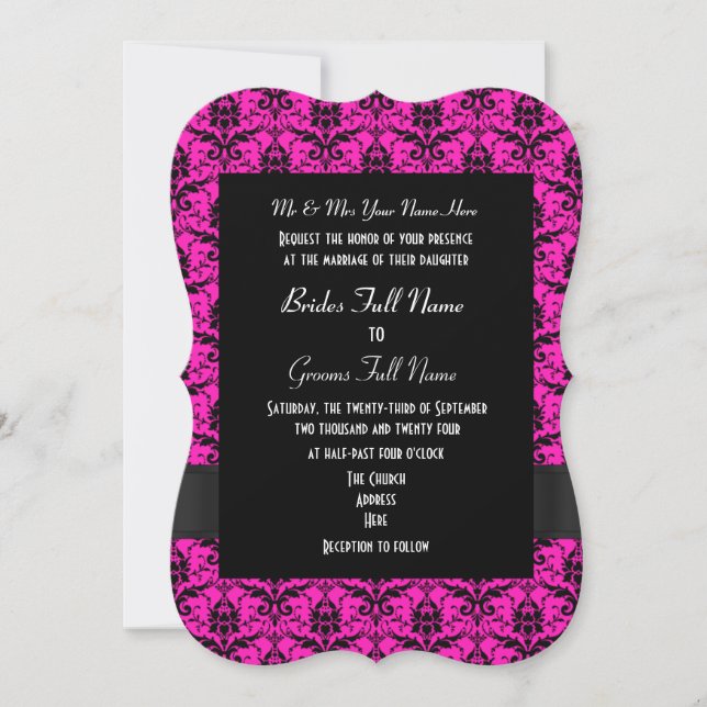 Invitación Boda formal de damasco rosa y negro (Anverso)