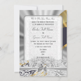 Invitación Boda formal de encaje blanco dorado plateado