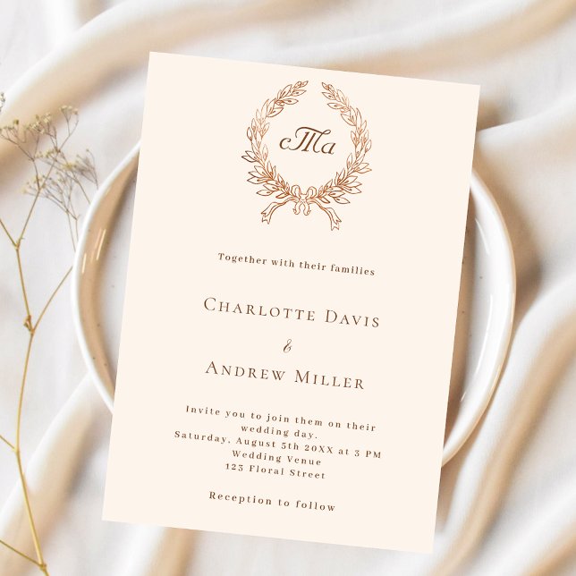 Invitación Boda formal de escudo beige monograma (Subido por el creador)