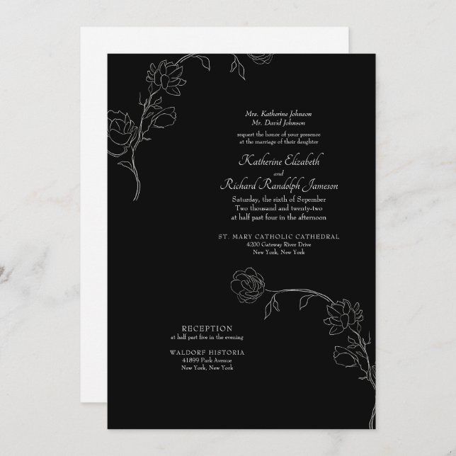 Invitación Boda formal de esquema de jazmín negro (Anverso / Reverso)