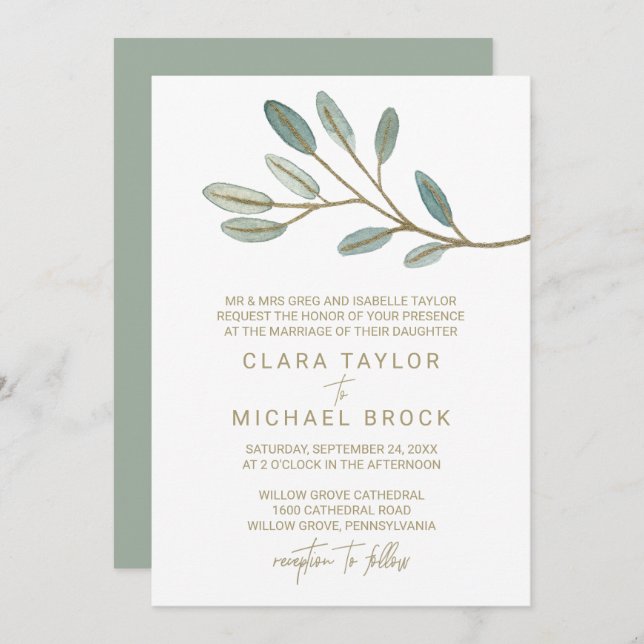 Invitación Boda formal de eucalipto con vena de oro (Anverso / Reverso)