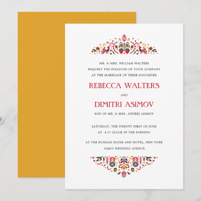 Invitación Boda formal de flor de Khokhloma, arte popular rus (Anverso / Reverso)